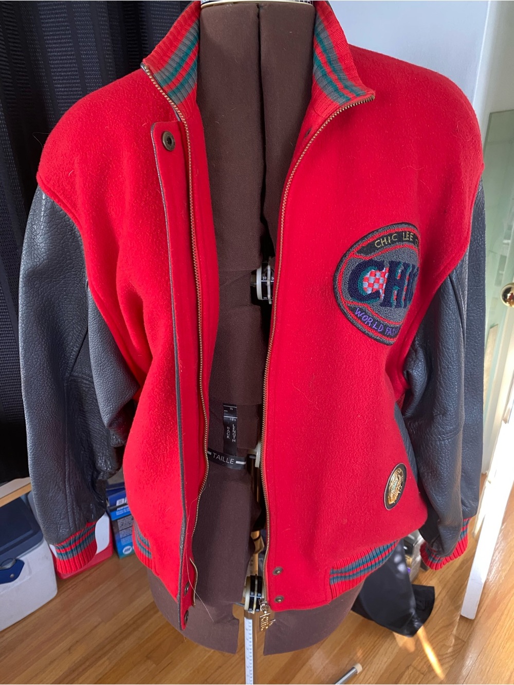 Vintage Lee Red Wool Varsity Jacket with Black Leather Sleeves